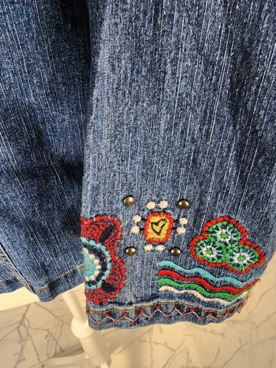 Ruby Rd Colorful Bohemian Embroidered Denim Blazer - Picture 6 of 7